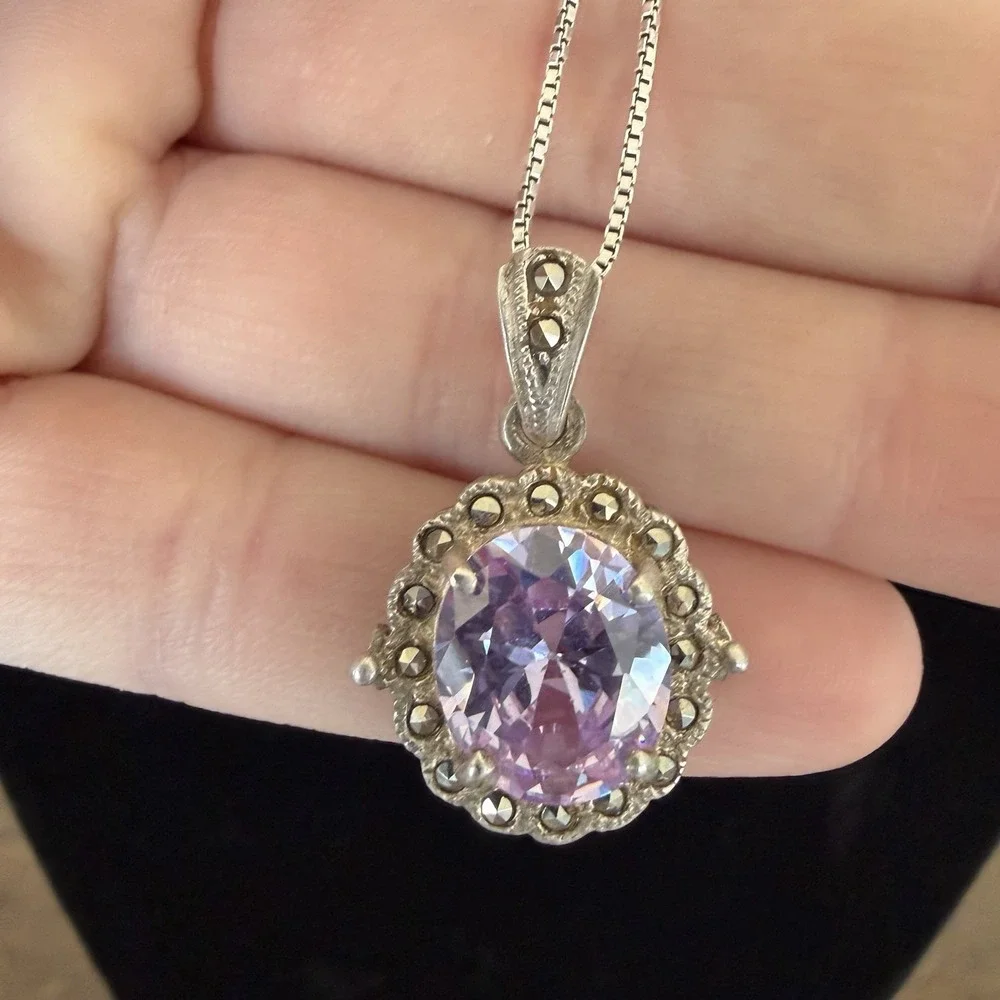925 Sterling Silver Purple‎ CZ Halo Pendant Necklace Marcasite Accents